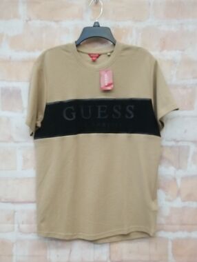 NWT Guess Men's Tan Tee with Black Logo Band Size M